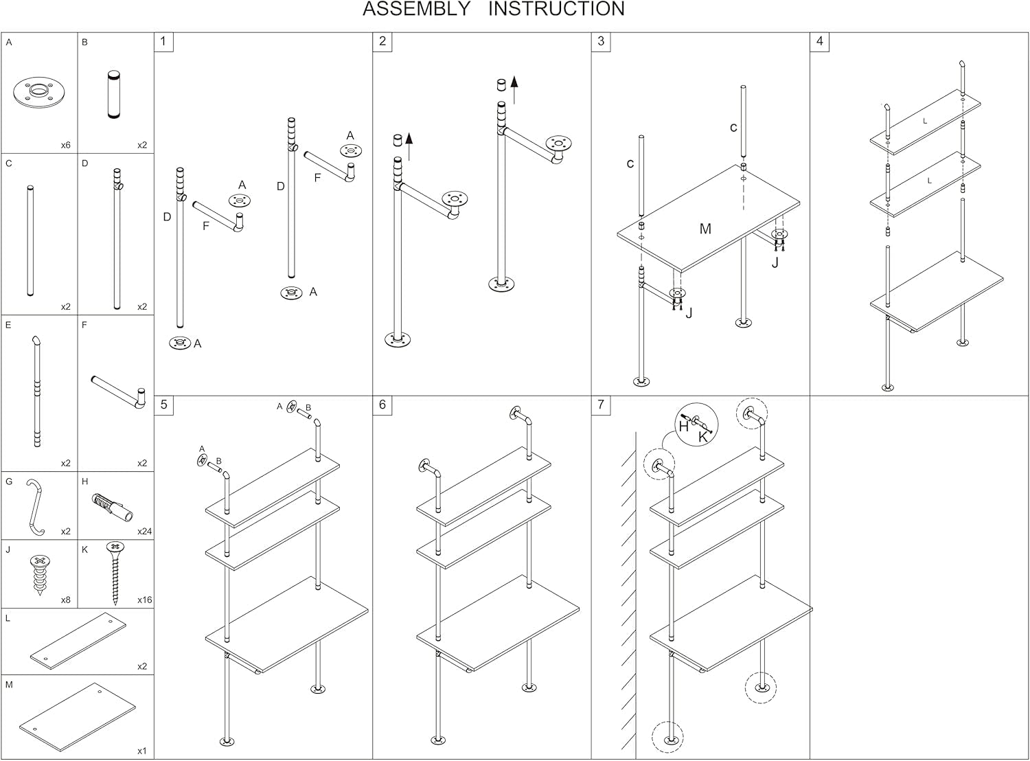 White and Gold Desk, 36" Ladder Desk, Wall Mount Computer Writing Table Pipe Shelf Shelving Mini Narrow Industrial Modern for Small Spaces(36X20X81)