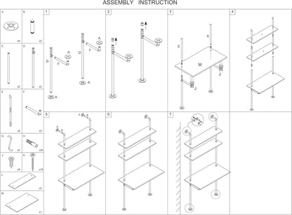 White and Gold Desk, 36" Ladder Desk, Wall Mount Computer Writing Table Pipe Shelf Shelving Mini Narrow Industrial Modern for Small Spaces(36X20X81)