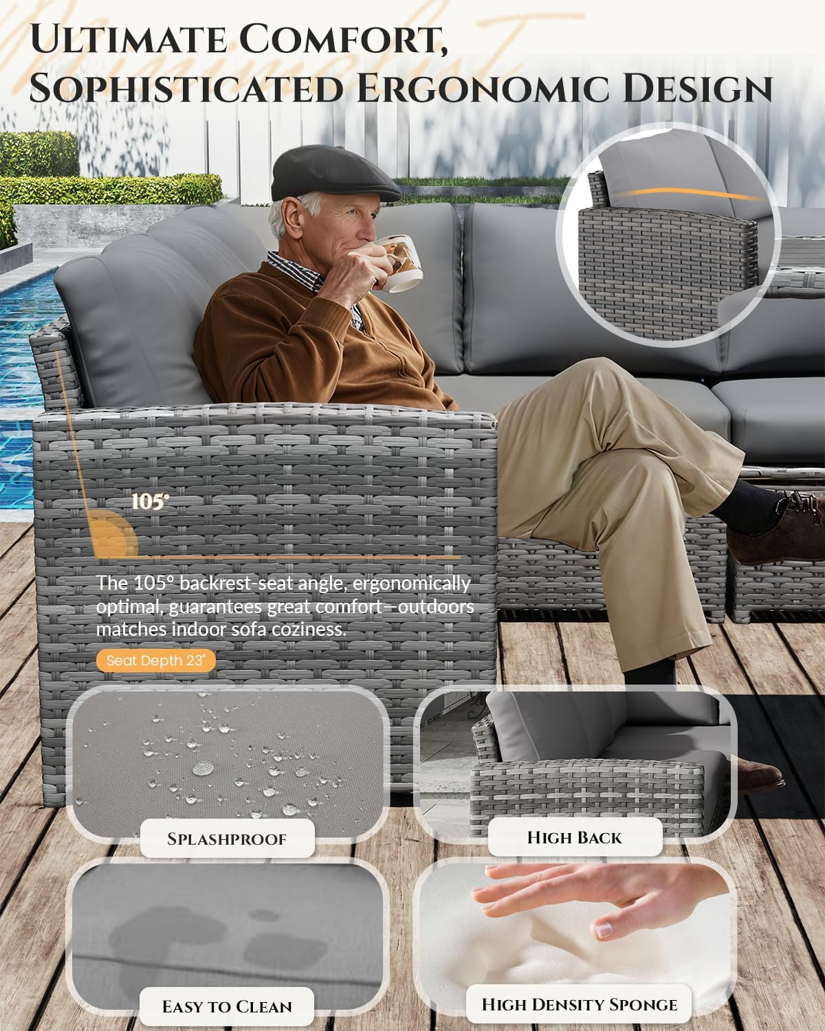 7 Pieces Patio Furniture Set, Outdoor Sectional Sofa Conversation Set, All Weather Wicker Rattan Dining Table & Chair with Ottoman, Grey Rattan&Grey Cushion