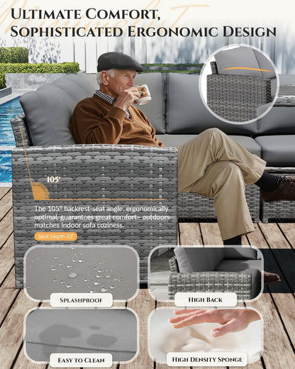 7 Pieces Patio Furniture Set, Outdoor Sectional Sofa Conversation Set, All Weather Wicker Rattan Dining Table & Chair with Ottoman, Grey Rattan&Grey Cushion
