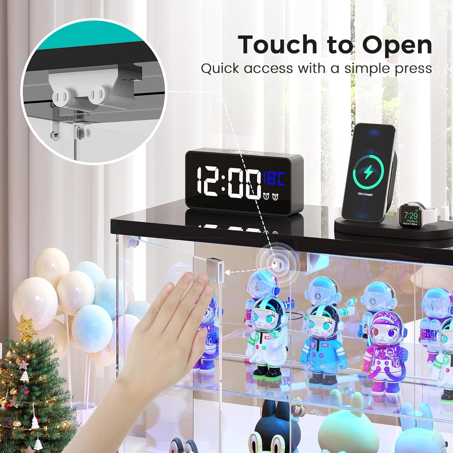 Lighted Clear Glass Display Case - for Figures & Collectibles, Small 2-Tier Display Cabinet with Charging Station, LED Display Box with Lights & Human Sensor, for Model Car, Perfume, Black