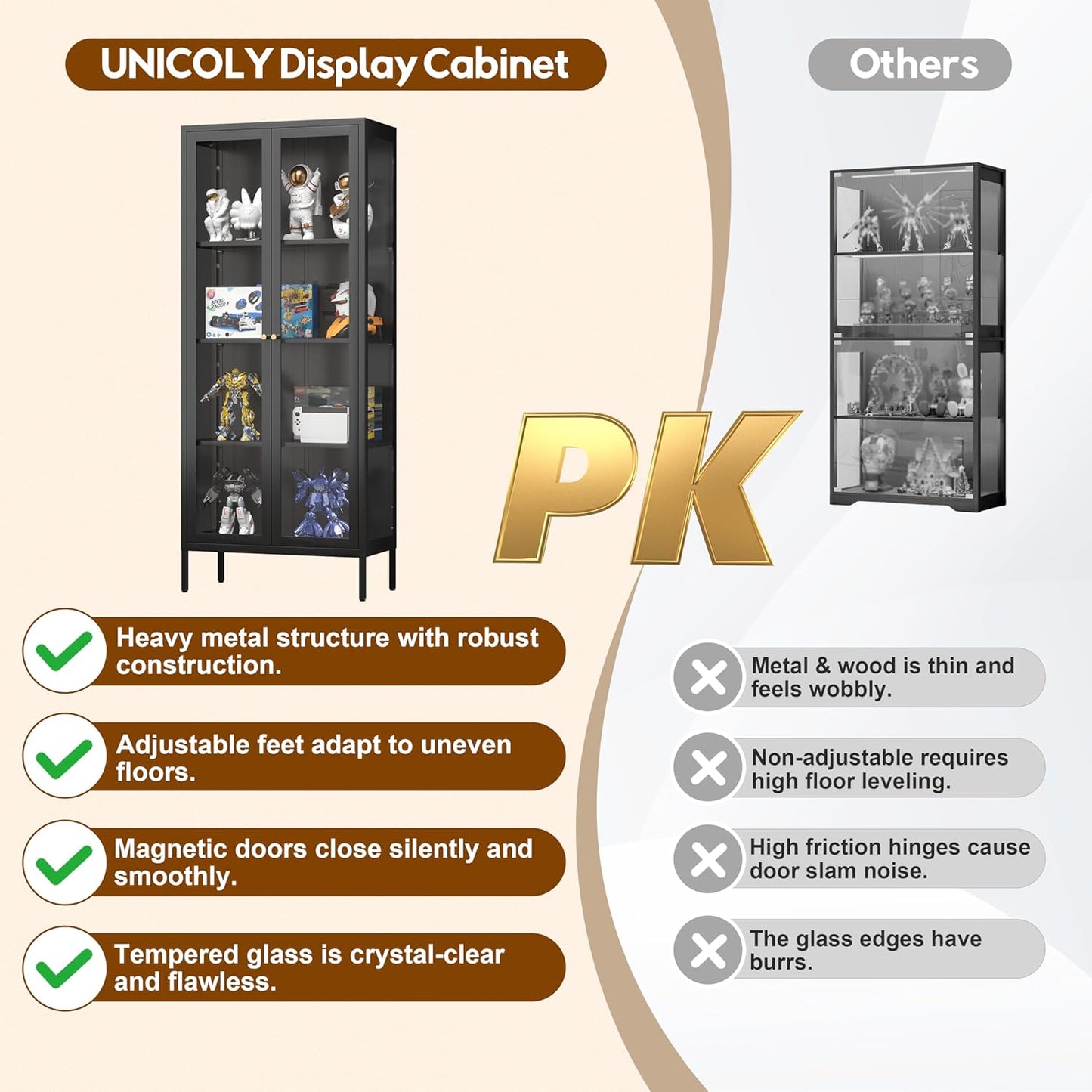 Glass Display Cabinet 4-Tier, Display Cabinet with Glass Doors, Curio Cabinet with Tempered Glasses Doors,Metal Storage Cabinets for Living Room, Plant, Assembly Required, Black