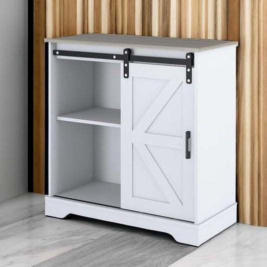 Sliding Barn Door Buffet Sideboard Storage Cabinet Coffee Bar Kitchen Farmhouse Style (White Cabinet Nature Top)