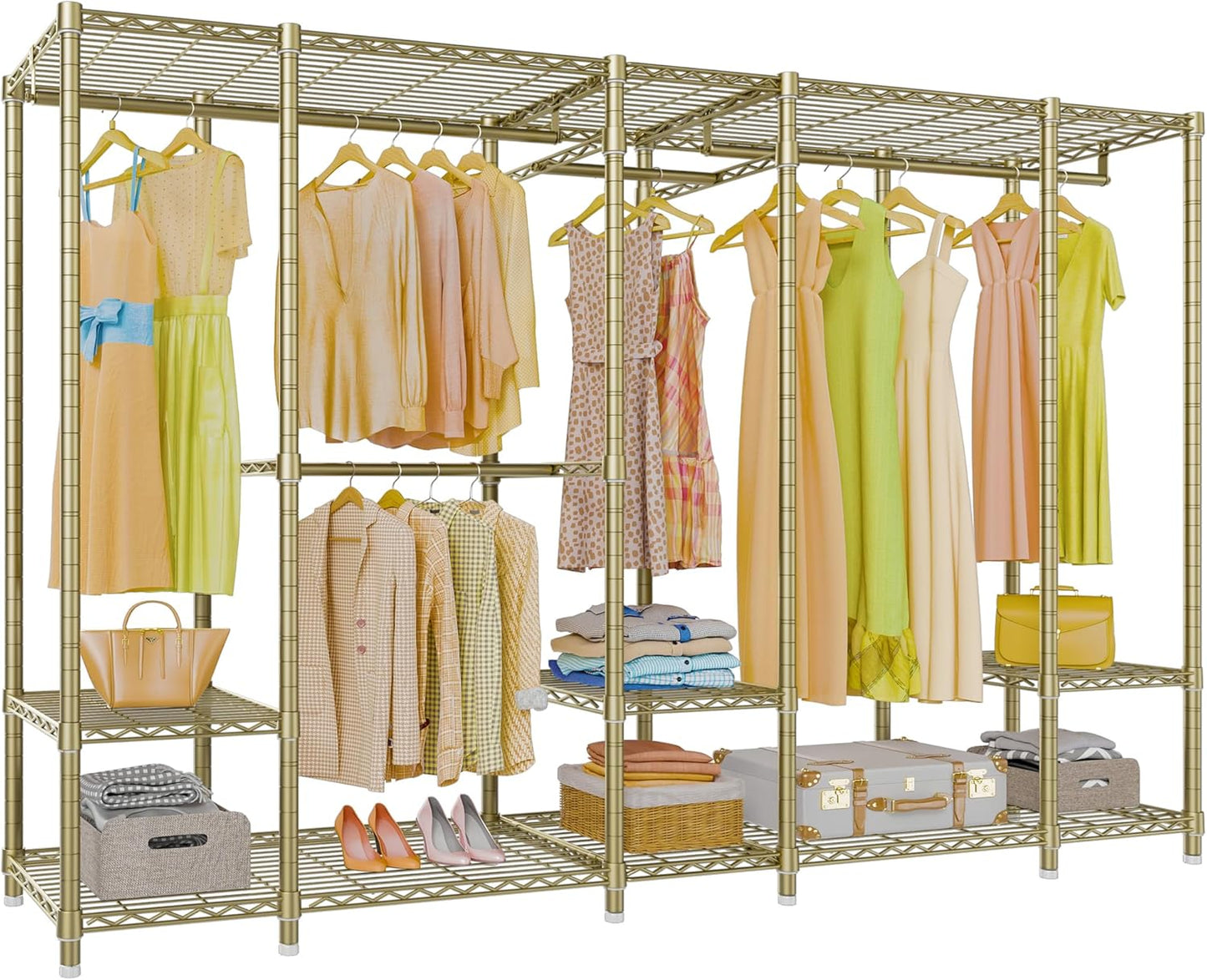 V50 Closet Organizer System, Extra Large Heavy Duty Clothes Rack with Adjustable Shelves, Freestanding Modern Wardrobe for Bedroom, Walk-In Closet, Dressing Room, 1300 Lbs Capacity, Gold