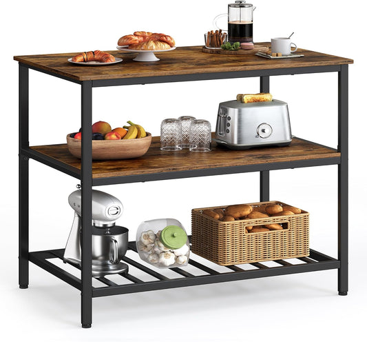Kitchen Island with 3 Shelves, 39.4 Inches Width Kitchen Shelf with Large Worktop, Stable Steel Structure, Industrial, Easy to Assemble, Rustic Brown and Black UKKI005B01