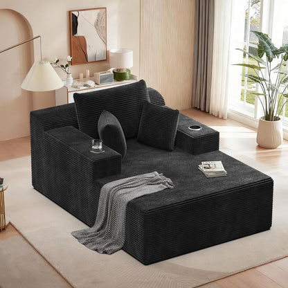 67 Inches Chaise Lounge Chair Indoor, Oversized Boneless Couch with 3 Throw Pillows and Armrests, Corduroy Upholstered Plush Sofa Bed with Storage, Lazy Chair Bed Sleeper for Living Room, Black