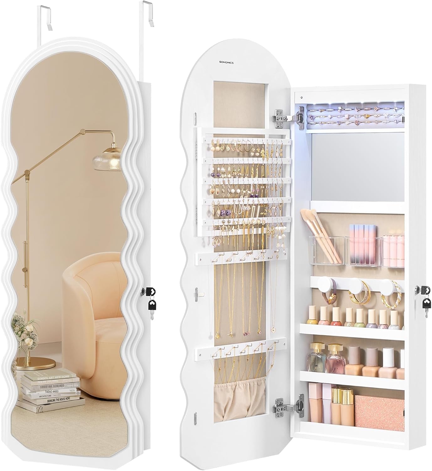 Mirror Jewelry Cabinet Wall Mounted over the Door, Hanging LED Jewelry Organizer, Lockable Wavy Wide Mirror with Storage, Interior Lights, 3.9 X 16.5 X 42.5 Inches, White UJJC031W01