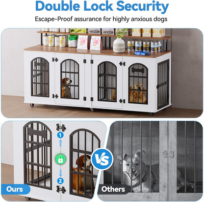 63" Dog Crate Furniture for 2 Dogs, XL Large Indoor Wooden Dog Kennel with Divider, 6 Lockable Wheels & Storage, Heavy Duty Modern Decorative Double Dog Cage TV Stand for Medium/Large Breed