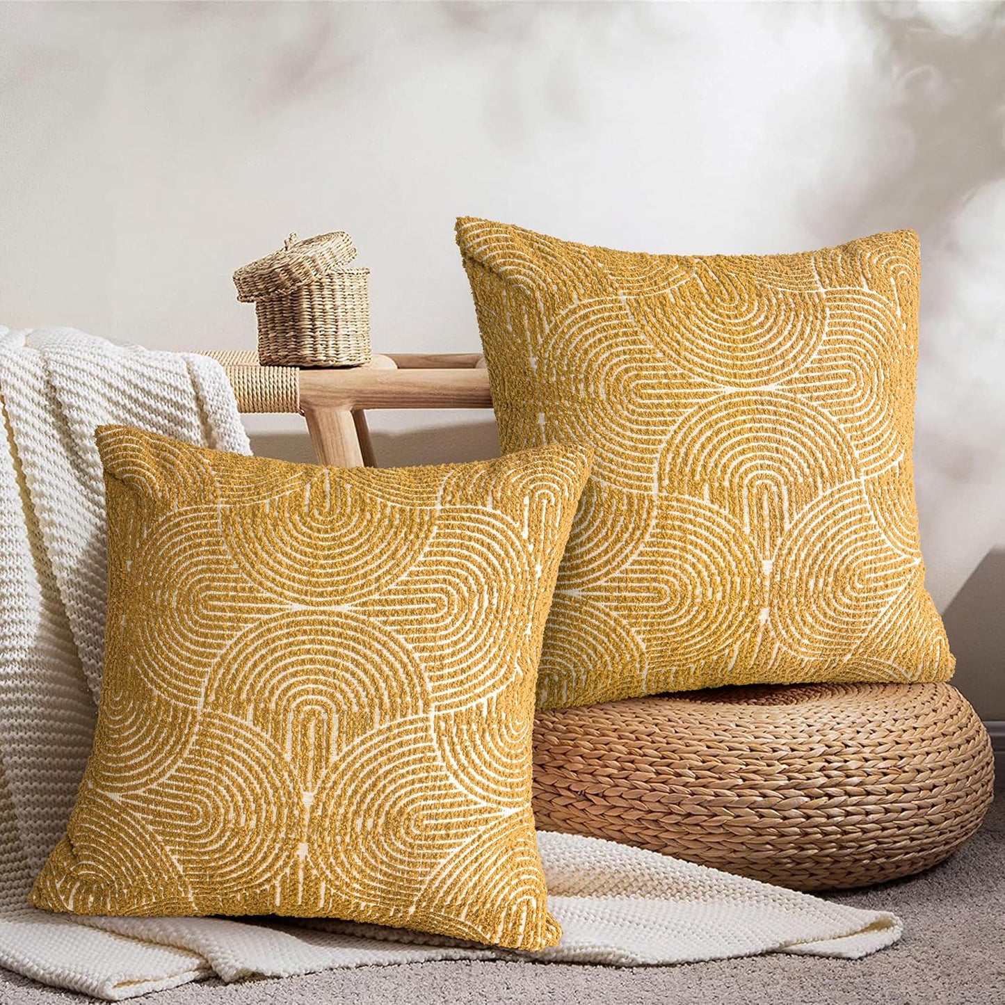 Boho Decorative Textured Throw Pillow Covers 20X20, Organic Modern Mid Century Rainbow Tufted Pillow Case, Farmhouse Rustic Geometric Woven Cushion Case for Bed Couch Sofa, Mustard Yellow