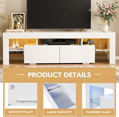 TV Stand with LED Lights, Modern Entertainment Center Media and Open Shelf Console Table Storage Desk with 1 Drawer and Remote Control 20 Color LED Lights up to 70 Inch TV (White)