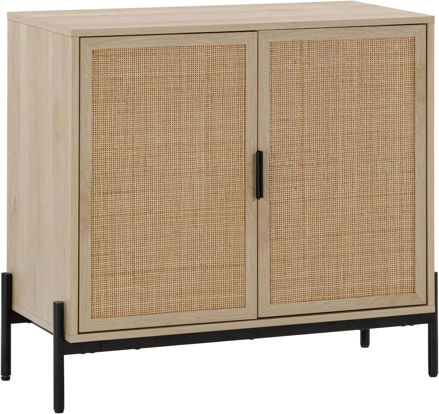 Andrew Bohemian Entryway Storage Cabinet or Kitchen Sideboard Credenza, Rattan Accent Cabinet with Metal Legs, Light Oak/Matte Black