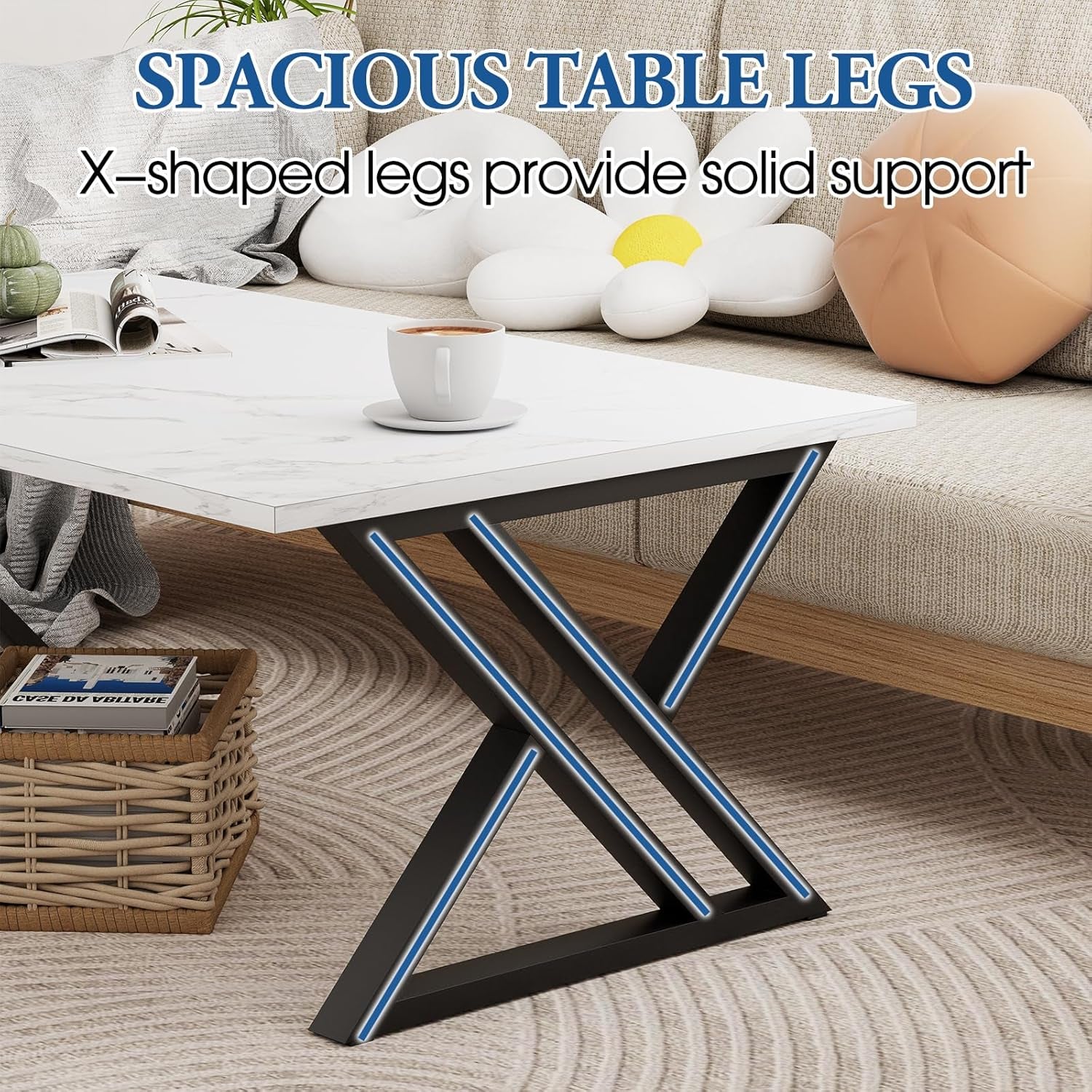 Coffee Table White Living Room Center Table, Simple Modern Faux Marble Rectangular Tea Table with Sturdy Black Metal Frame,Industrial Wooden Coffee Table for Bedroom Home Office