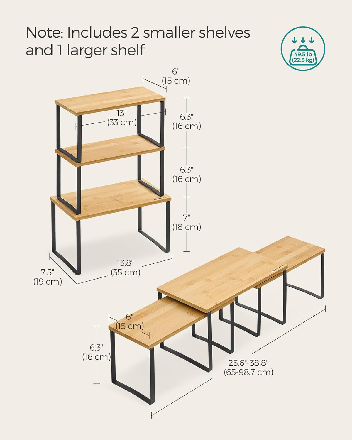 Cabinet Organizer Shelf, Set of 3 Kitchen Counter Shelves, Kitchen Storage, Spice Rack, Stackable, Expandable, Ink Black and Natural Beige UKCS014B01