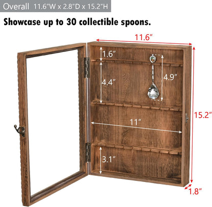 Wooden 30-Souvenir Spoon Display Case Cabinet, Wall-Mounted Tea Spoon Rack with Tempered Glass Door Suitable for Collection Display, Brown Color, 13.4W X 2.6D X 15.7H In