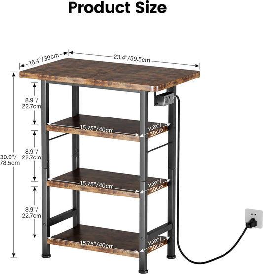 4-Tier AV Media Stand with Power Outlet, Wooden Record Player Stand, Entertainment Center with Storage Shelves, Stereo Stand DVD Stand for Bedroom, Living Room, Brown