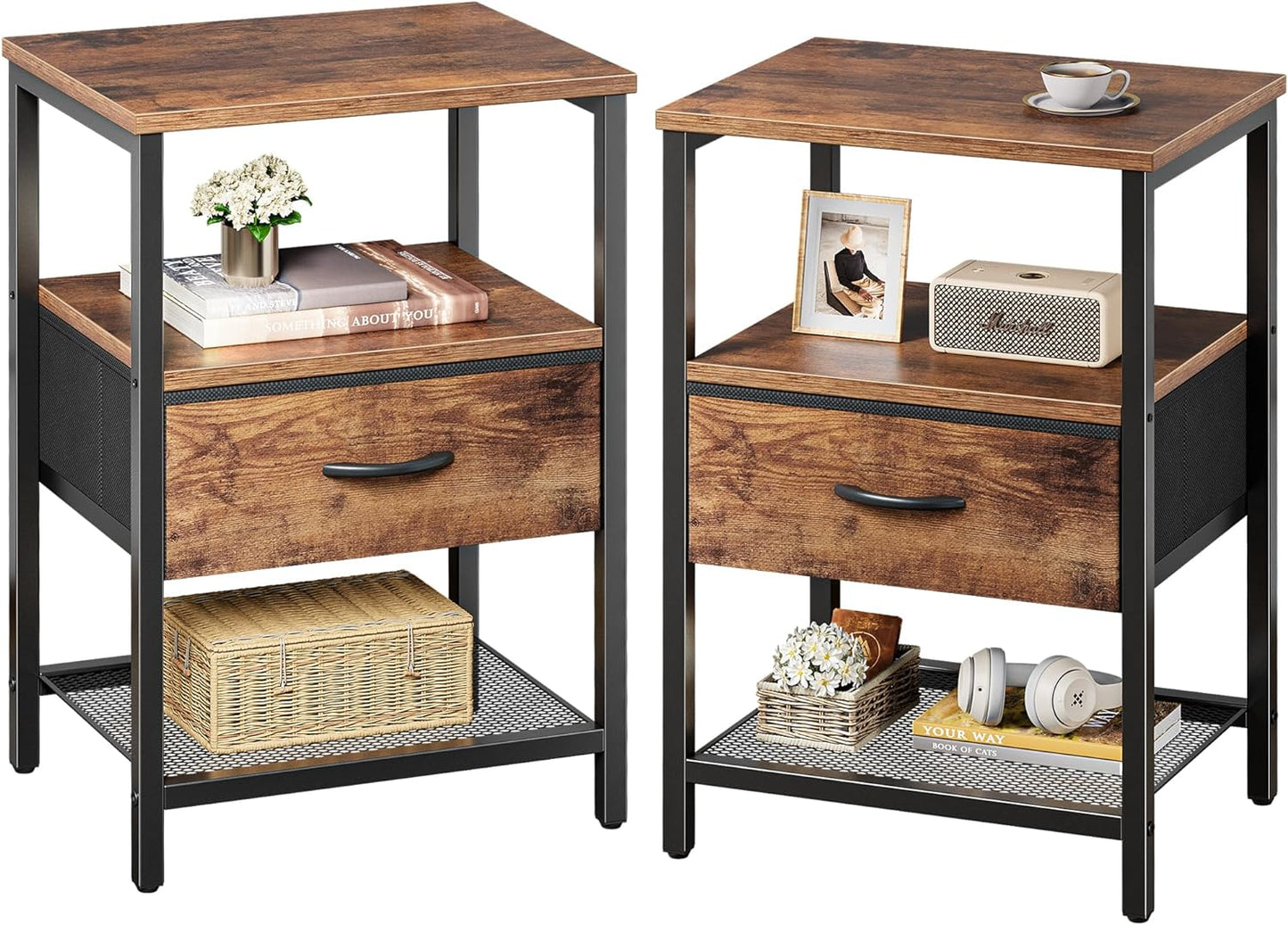 Nightstand Set of 2, Night Stand with Fabric Drawer, Mesh Shelf, Side Table with Storage, Fabric Drawer Dresser, Open Shelf, Metal Frame, Bedroom, Rustic Brown