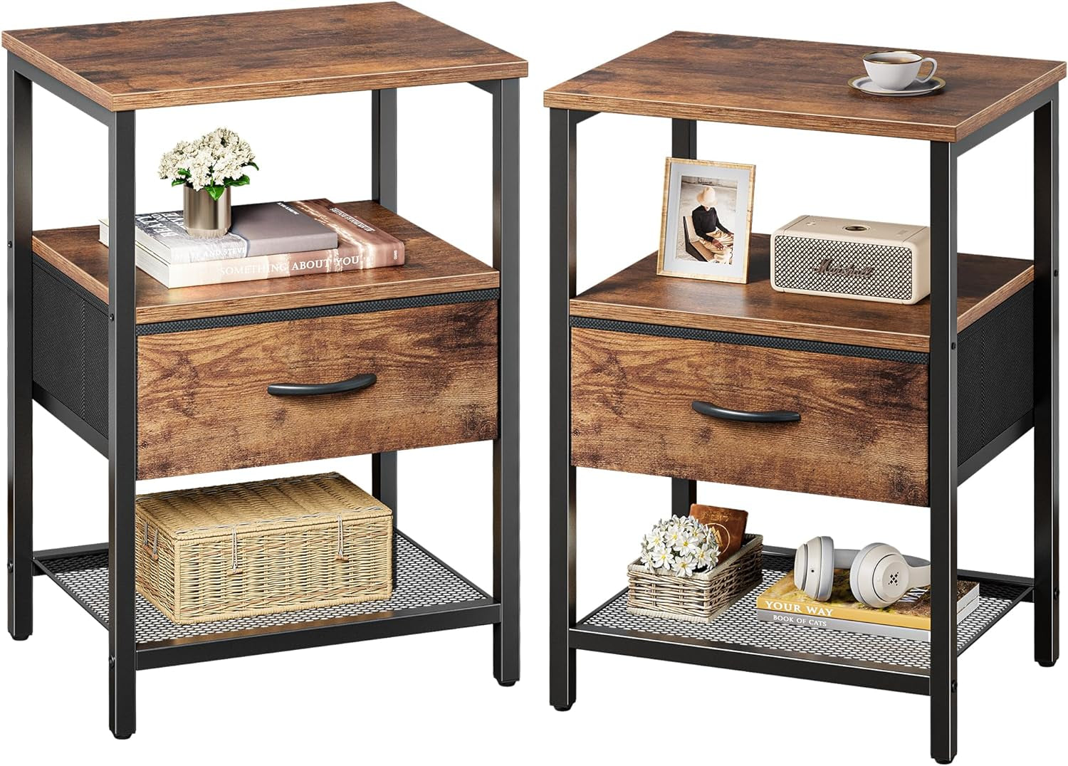 Nightstand Set of 2, Night Stand with Fabric Drawer, Mesh Shelf, Side Table with Storage, Fabric Drawer Dresser, Open Shelf, Metal Frame, Bedroom, Rustic Brown