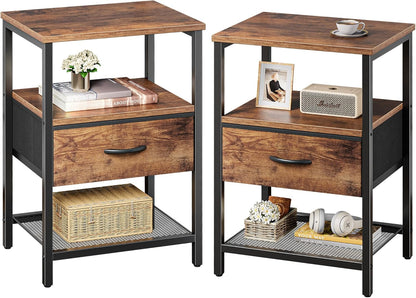 Nightstand Set of 2, Night Stand with Fabric Drawer, Mesh Shelf, Side Table with Storage, Fabric Drawer Dresser, Open Shelf, Metal Frame, Bedroom, Rustic Brown