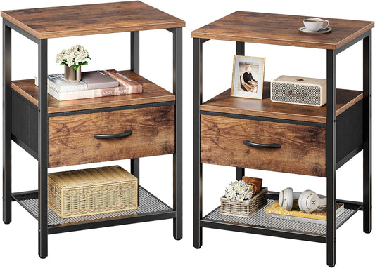 Nightstand Set of 2, Night Stand with Fabric Drawer, Mesh Shelf, Side Table with Storage, Fabric Drawer Dresser, Open Shelf, Metal Frame, Bedroom, Rustic Brown