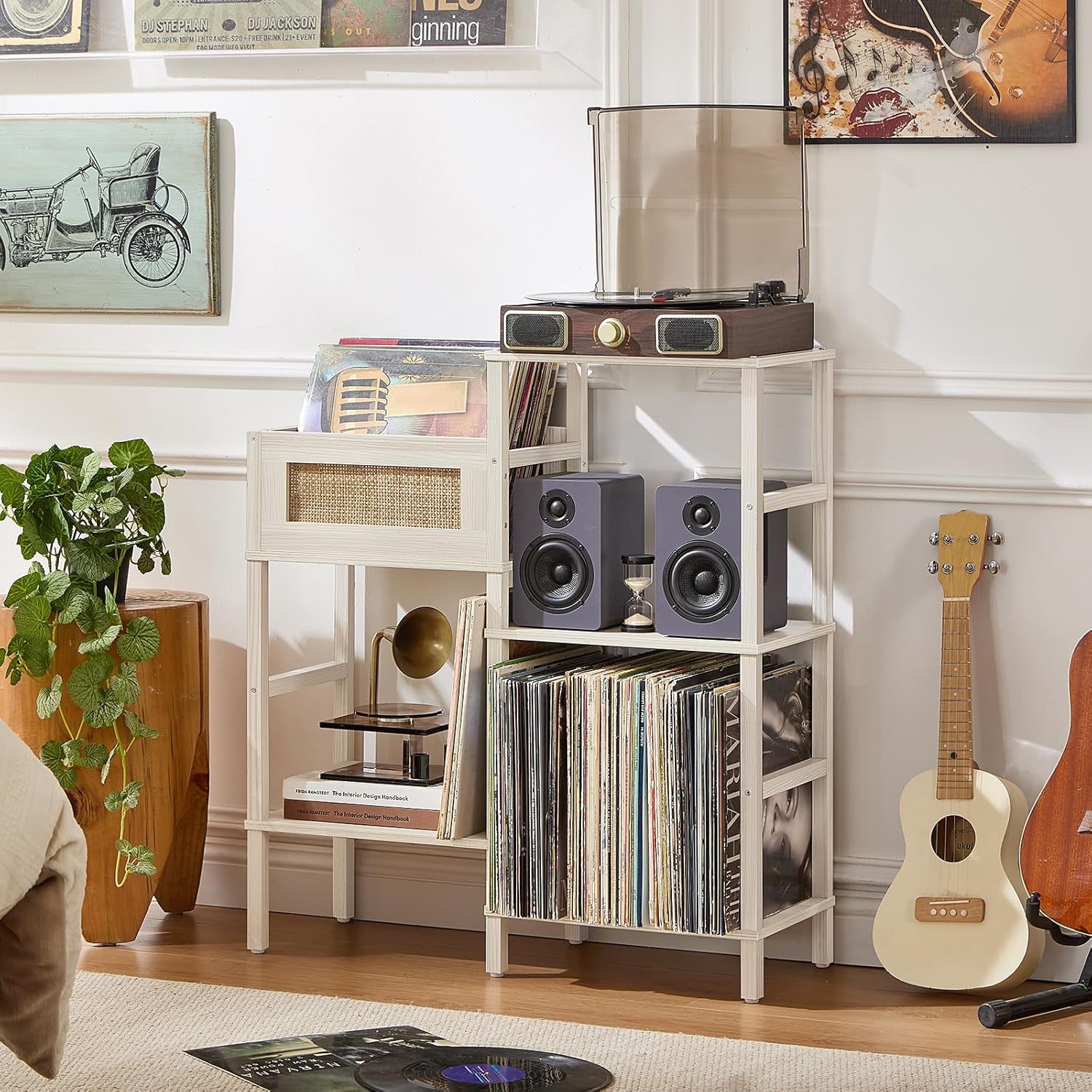 Record Player Stand, White Cream Oak Wood Record Holder with Vinyl Storage Holds up to 300+ Albums, 3-Tier Rattan Media Table with Vinyl Display Shelf, Record Storage Cabinet for Living Room