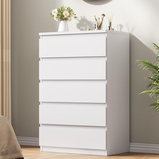 White 5 Drawer Dresser for Bedroom, 15" D X 23.7" W X 40.4" H in Simply Modern Chest of Drawers, Wood Storage Dresser with Deep Drawers for Living Room Hallway Entryway, White