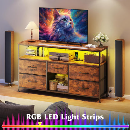 TV Stand for 50" Inch TV, Entertainment Center with LED Lights & Power Outlets, 5 Drawers Dresser for Bedroom Dresser with Shelves for Living Room, Hallway, Rustic Brown