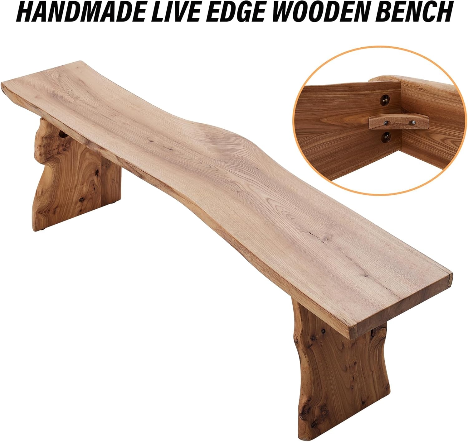 63” Wooden Dining Bench Solid Natural Edge Wood Dining Bench Indoor Kitchen Table Benches Entryway Benches for Rustic Home Décor Furniture