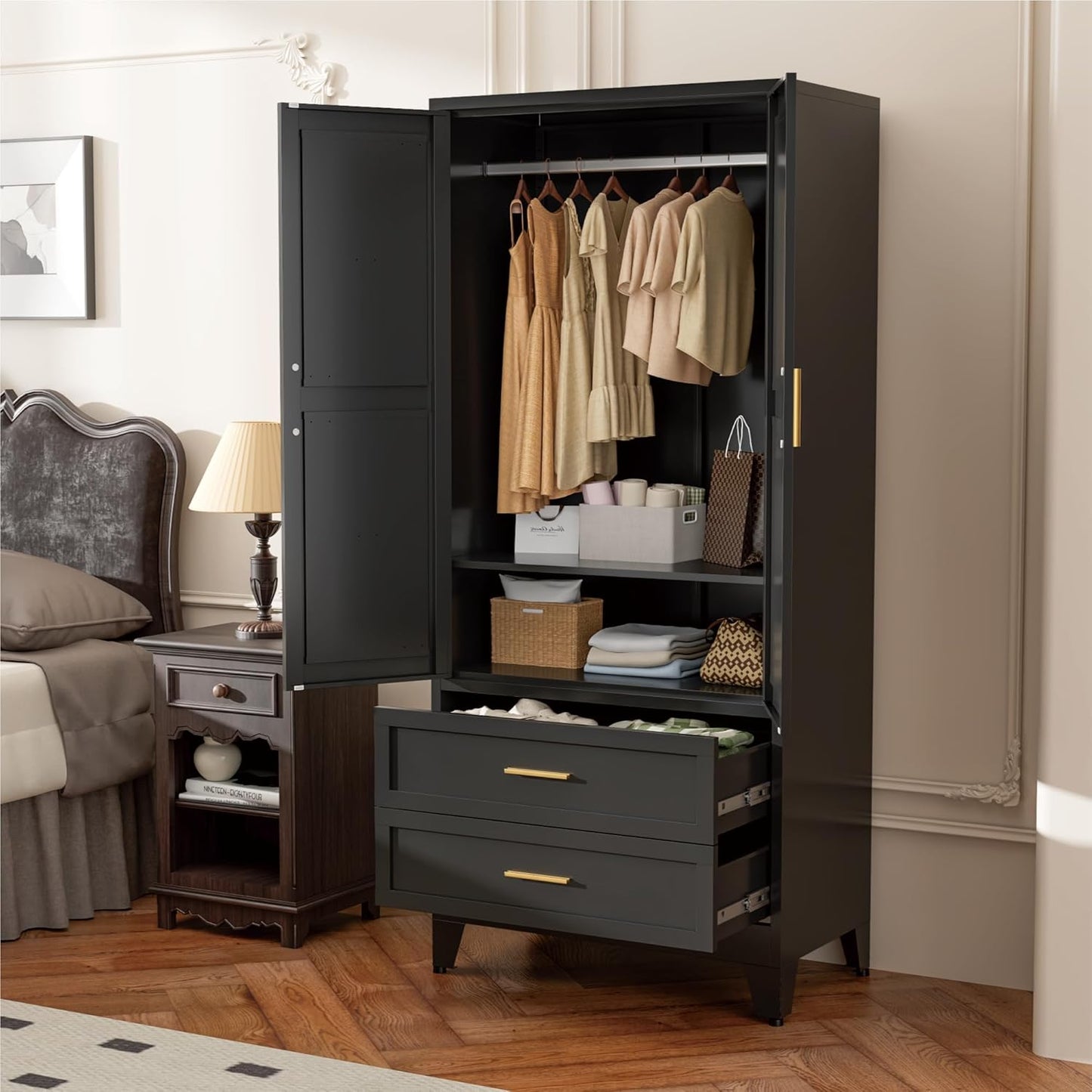Black Metal Wardrobe Closet, Armoire Wardrobe with Two Drawers Clothes Cabinet for Bedroom, 71" Tall Farmhouse Steel Armoire Closet with Drawers and 2 Doors Clothing Storage Cabinet with Hanging Rod
