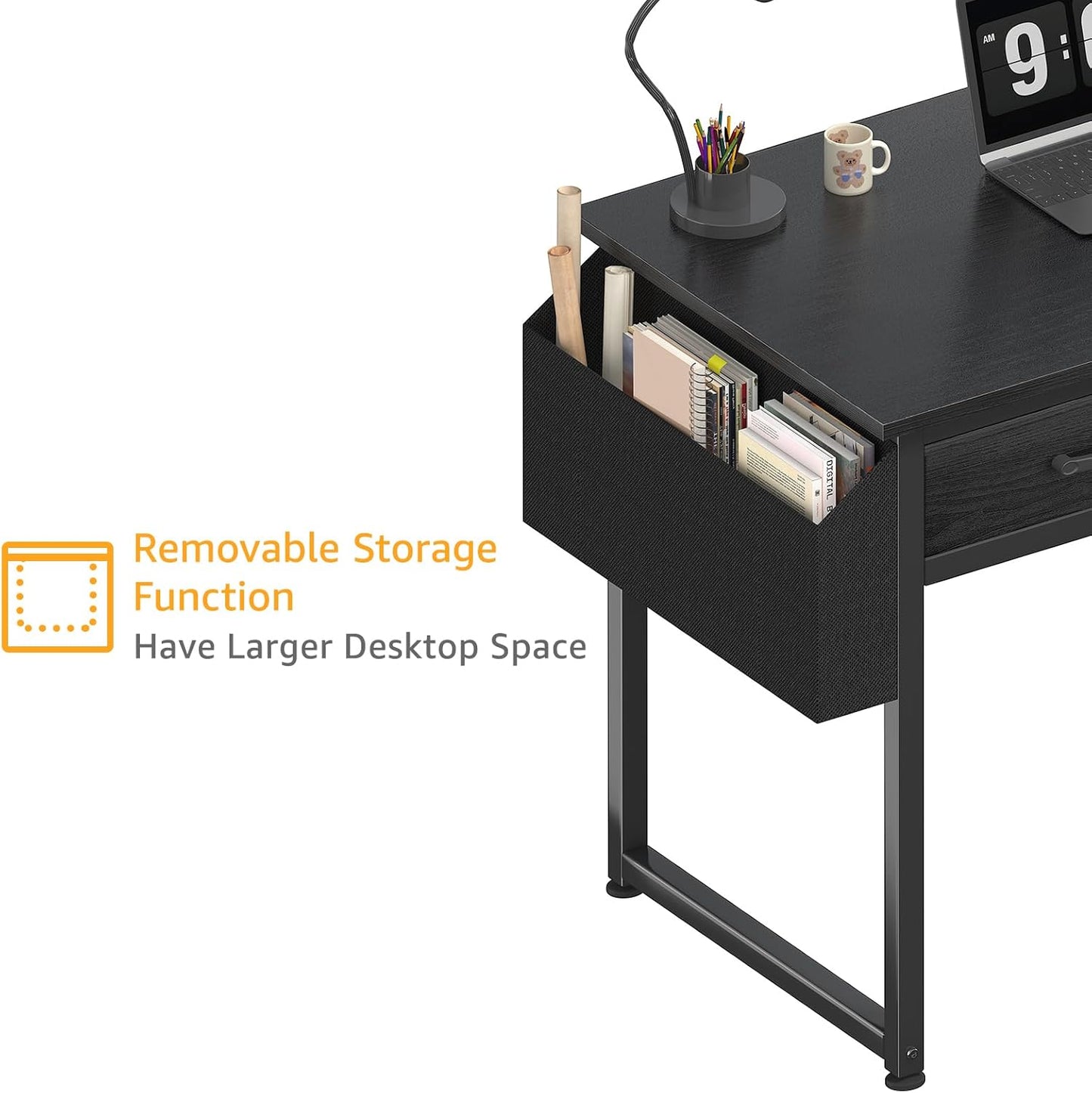 Small Desk with Fabric Drawers for Bedroom, 32 Inch Gaming Desk with 2 Drawers for Small Space, Study Writing Table PC Desks, Black