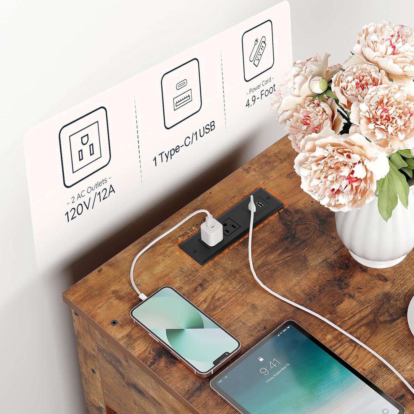 Dog Crate Furniture, Dog Kennel with Drawer and Charging Station, Indoor Decorative Puppy House, Wooden Pet Crate End Table for Small Dogs, Greige and Black BG58UGW03G1