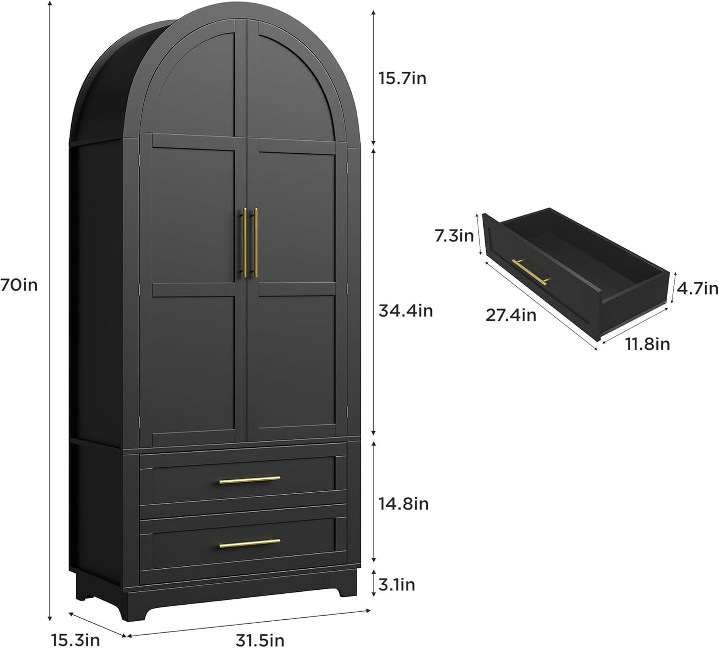 Wardrobe Closet, Modern Armoire Wardrobe Closet with Drawers and 2 Arched Fluted Doors, 70" Tall Wooden Bedroom Armoires with Shelves and Hanging Rod, Black