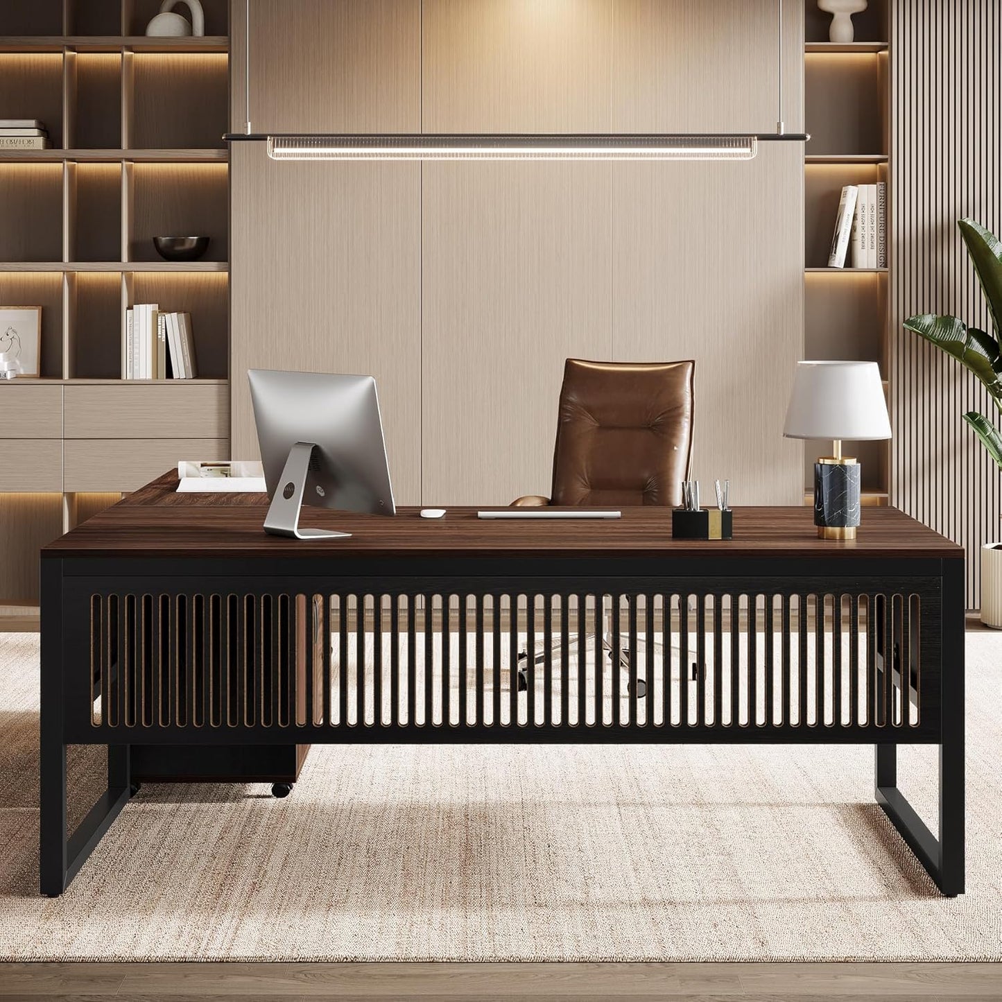 63-Inch L-Shaped Executive Desk with Mobile File Cabinet, Large Office Computer Desk, Business Furniture Table with Drawers and Storage Shelves for Home Office, Dark Walnut & Black