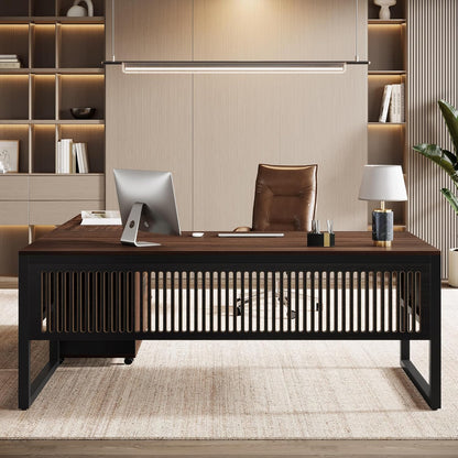 63-Inch L-Shaped Executive Desk with Mobile File Cabinet, Large Office Computer Desk, Business Furniture Table with Drawers and Storage Shelves for Home Office, Dark Walnut & Black