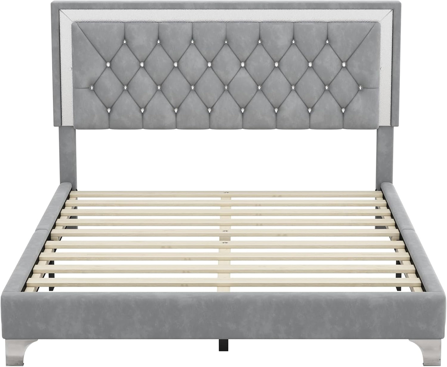 3-Piece Queen Bedroom Set, Upholstered Platform Bed with LED Lights and 2 Nightstands, Modern Gray