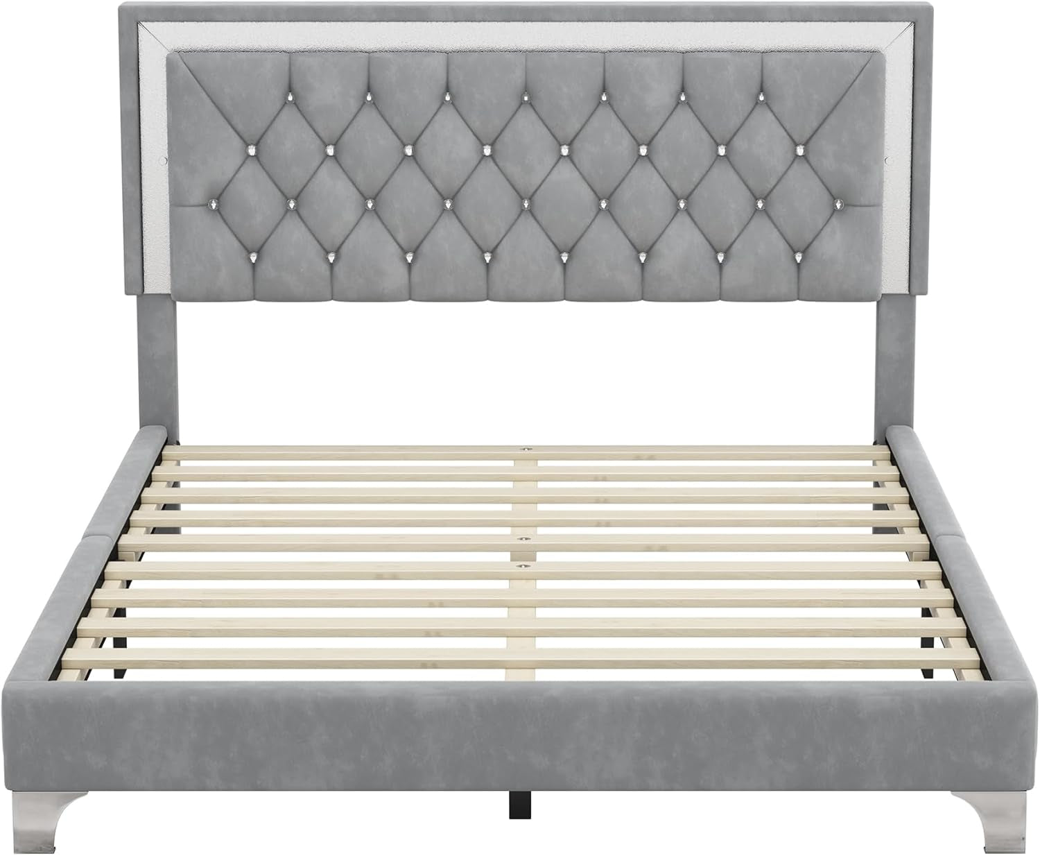 3-Piece Queen Bedroom Set, Upholstered Platform Bed with LED Lights and 2 Nightstands, Modern Gray