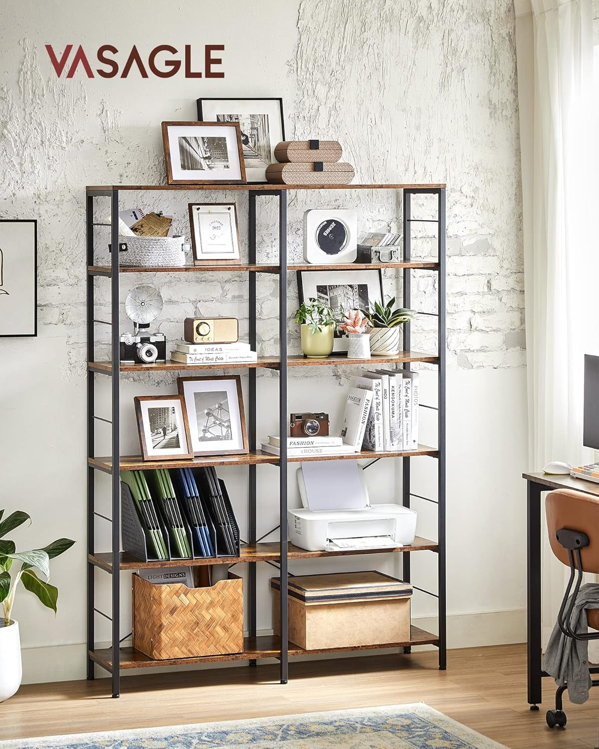 6-Tier Tall Bookshelf, Bookcase, Large Metal Shelf, 11.8 X 47.2 X 67.9 Inches, for Living Room, Kitchen, Pantry, Study, Home Office, Rustic Brown and Black ULLS114B01