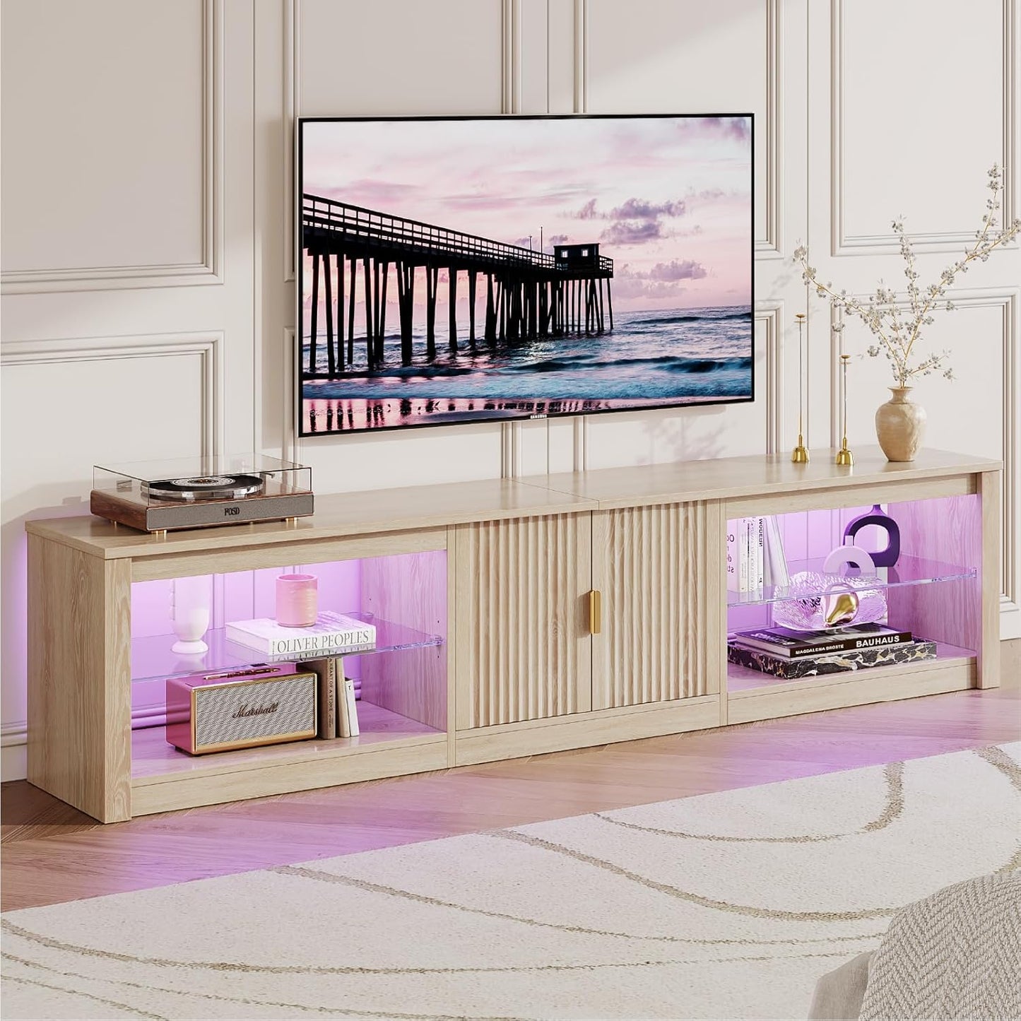 80 Inch TV Stand for 75/85/90 Inch Tvs, LED Entertainment Center with Fluted Storage Cabinet & Adjustable Shelves, Modern Farmhouse Wooden TV Console for Living Room Bedroom, Natual Oak