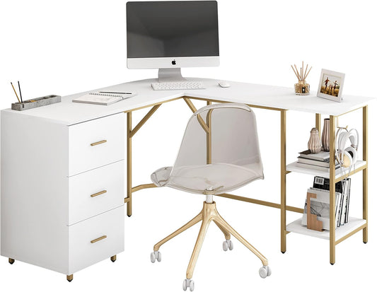 L Shaped Desk - Two-Toned Computer Desk with Drawers & Storage Shelves - Simple Modern Furniture & Home Office Space Corner Table for Work & Writing