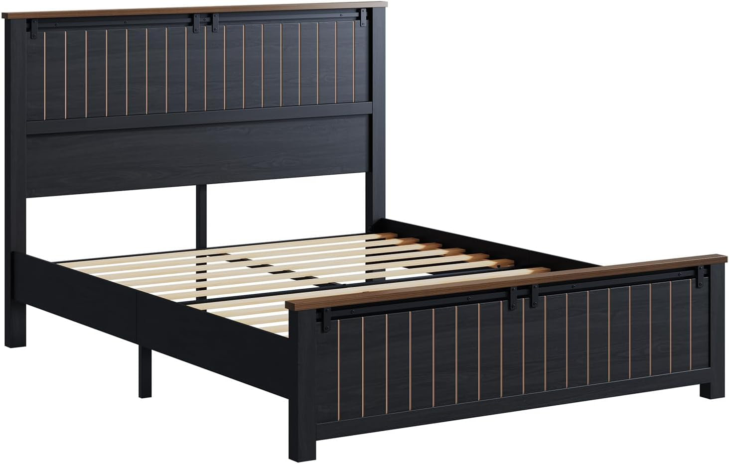 Farmhouse Queen Size Bed Frame with Sliding Barn Door, Wooden Rustic Platform Bed Frame with 47" Tall Headboard, Noise-Free, Solid Wood Slats & Metal Support, No Box Spring Needed, Dark Grey