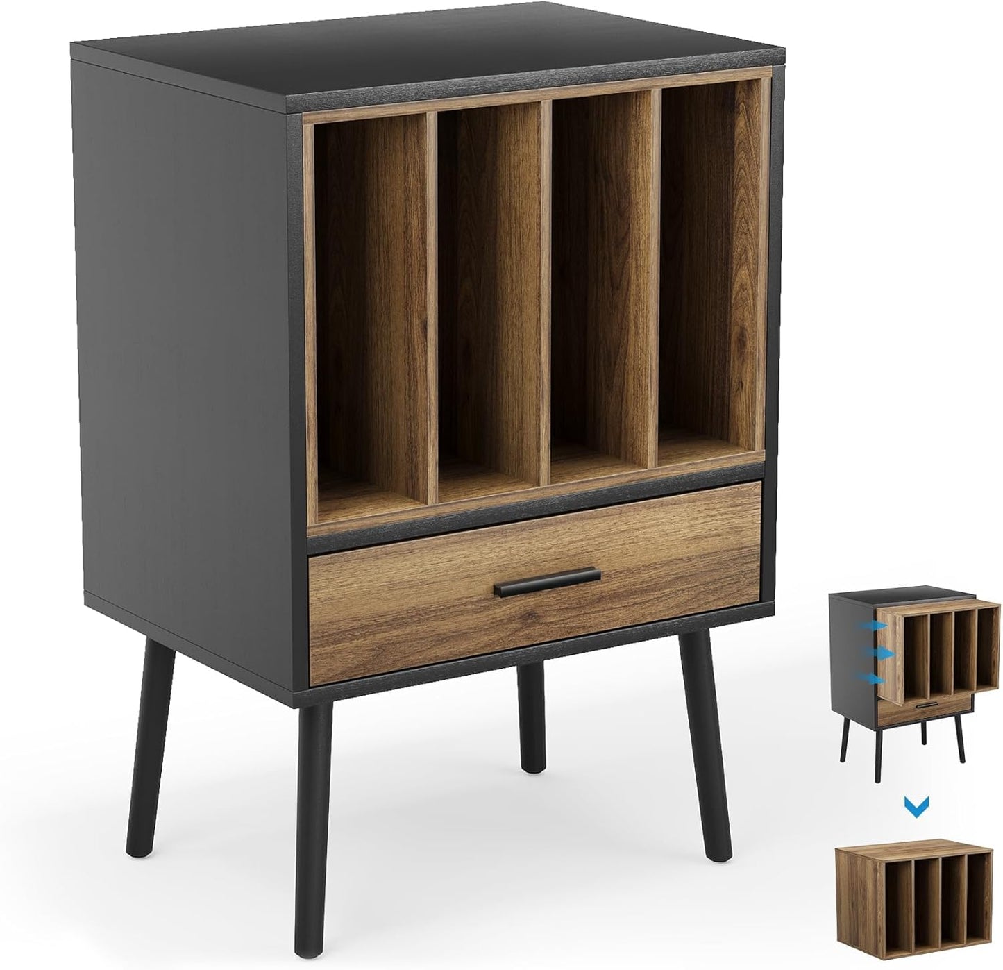 Record Player Stand with Nesting Vinyl Storage Crate, Record Player Table with a Drawer and Solid Wood Legs, Side End Table for Turntables for Living Room Bedroom