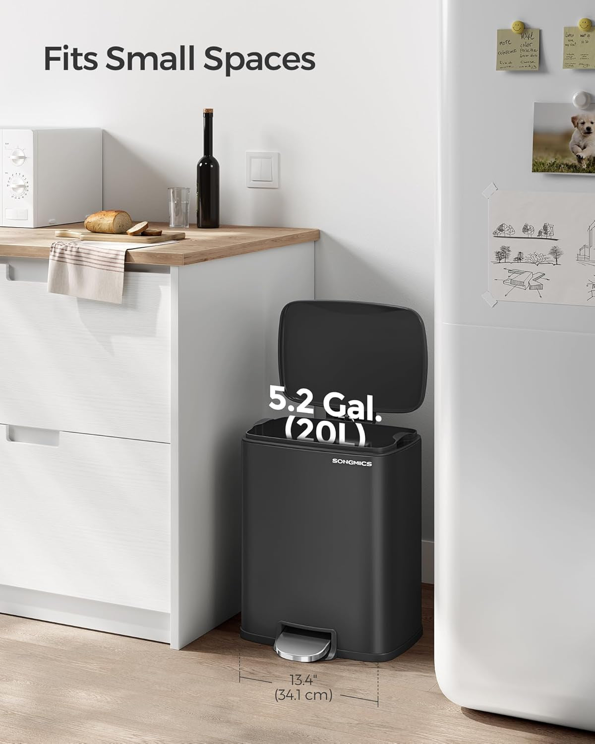 Trash Can, Garbage Can with Lid, 5.2-Gallon (20L) Step Trash Bin for Kitchen, Stainless Steel, Soft Close and Stays Open, Inner Bucket, Includes 15 Trash Bags, Black ULTB543B01
