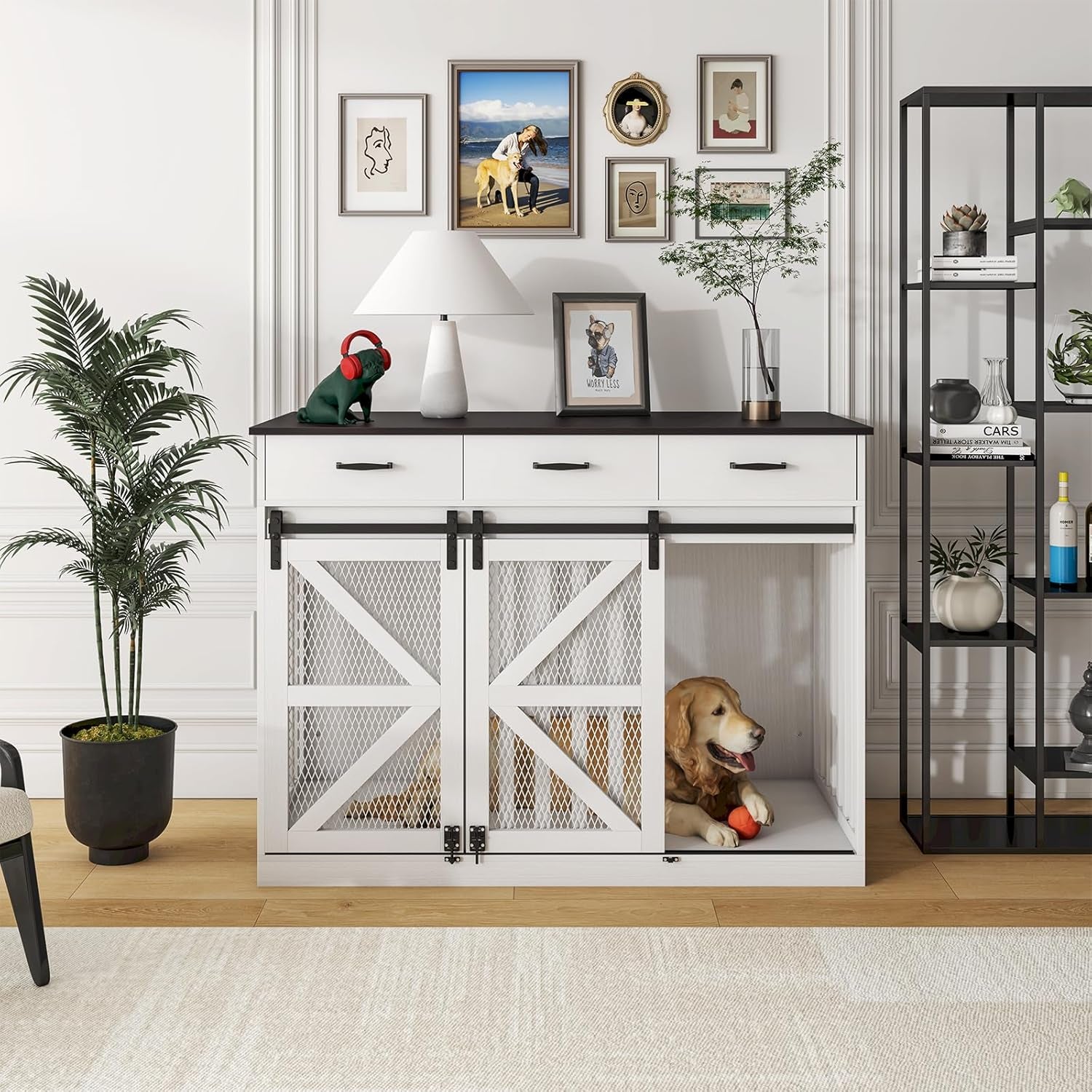 48'' Dog Crate Furniture with Divider&Storage Drawers, Wooden Double Dog Kennel Furniture End Table with Sliding Barn Doors, White Double Dog Crate TV Stand