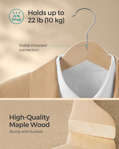 Wooden Hangers, Pack of 24, Coat Hangers, Non-Slip, Pants Bar, 360° Swivel Hooks, for Jackets, Shirts, Coats, Natural Wood UCRW010N24