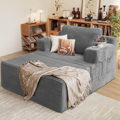Oversized Chaise Lounge Chair, Cloud Couch with Fluffy Upholstered, Deep Seat Sleeper Sofa Bed with Two Cup Holders, Comfy Boneless Couch No Assembly Required for Living Room, Apartment (Grey)