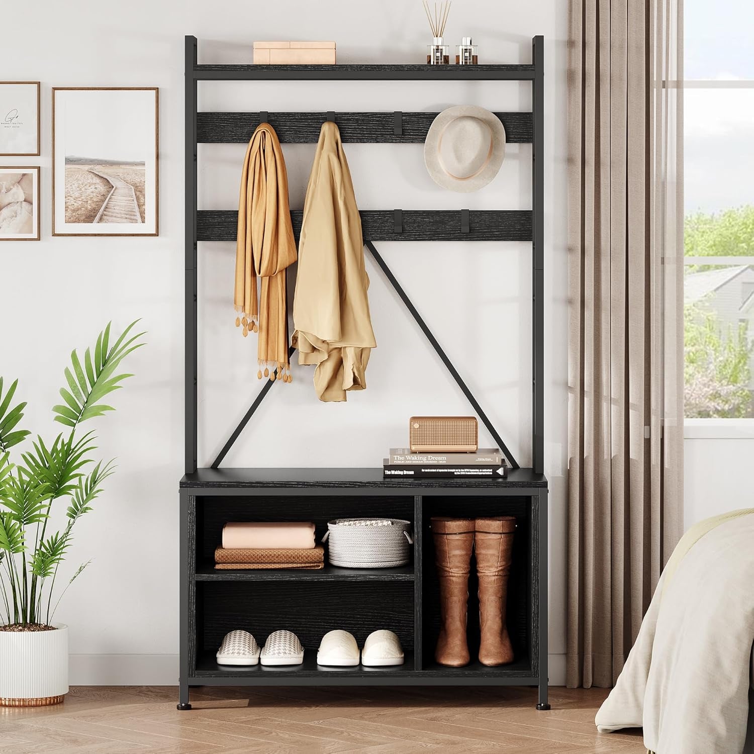 Hall Tree with Bench and Coat Rack, 36.41" Entryway Shoe Bench with 17 Hooks, Drawers and Top Shelf, 5-In-1 Freestanding Storage Organizer for Entryway, Mudroom, Black