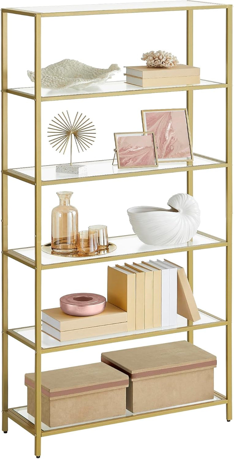 Bookcase, 6-Tier Bookshelf, Slim Shelving Unit for Bedroom, Bathroom, Home Office, Tempered Glass, Steel Frame, Metallic Gold ULGT503A01