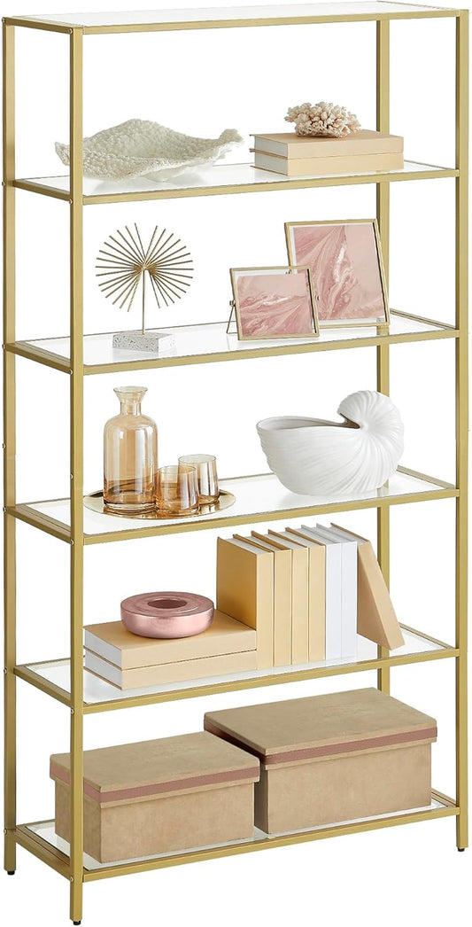 Bookcase, 6-Tier Bookshelf, Slim Shelving Unit for Bedroom, Bathroom, Home Office, Tempered Glass, Steel Frame, Metallic Gold ULGT503A01