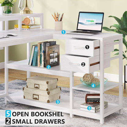 55-Inches Reversible L Shaped Desk with Drawer, Modern White L Corner Desk Home Office Table with Storage Shelves and Monitor Stand, Wooden and Metal PC Desk for Small Space