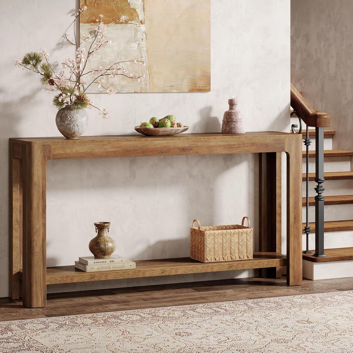 63 Inch Entryway Console Table, 2-Tier Farmhouse Narrow Sofa Table behind Couch, Accent Entrance Console Furniture for Entryway, Foyer, Hallway, Rustic Brown