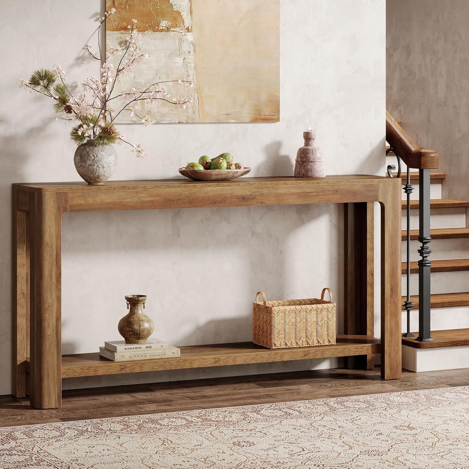 63 Inch Entryway Console Table, 2-Tier Farmhouse Narrow Sofa Table behind Couch, Accent Entrance Console Furniture for Entryway, Foyer, Hallway, Rustic Brown